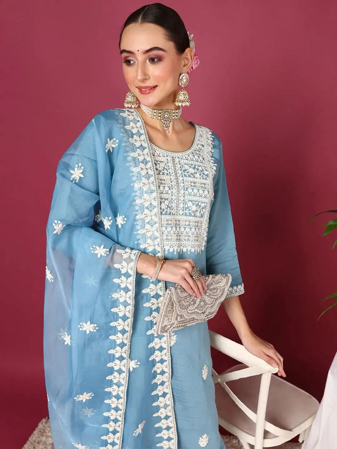 Ahika Women Blue Silk Blend Embroidered Straight Kurta Pant Set Classic Bootcut Trousers
