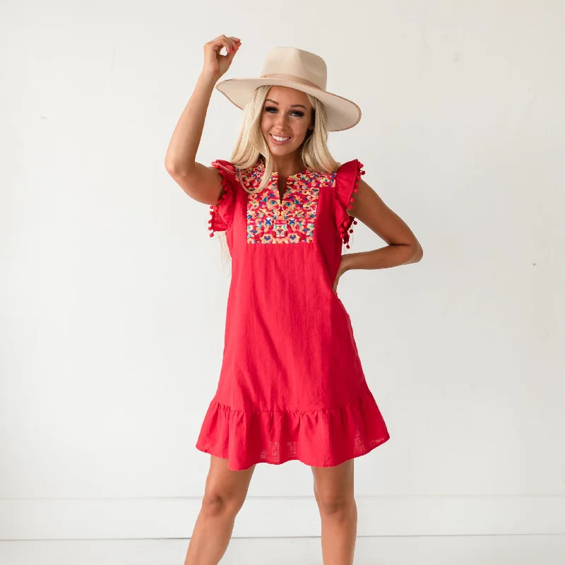 Boho Pom Sleeve Shift Dress - Red Tunics Bridal satin