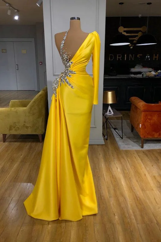 Illusion neck Bright Yellow One shoulder Bubble Sleeves Evening Prom Dresses