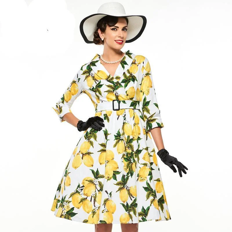 Sisjuly women floral vintage dress lemon print party dress style 1950s rockabilly dress vestido luxury pleated vintage dresses Tunics Modern contemporary