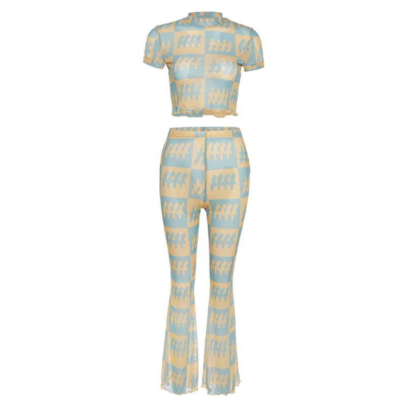 Women Fashion Graphic Print Casual Short Sleeve Tee And Skinny Pants See-Through Mesh Set Soft Wool Pants