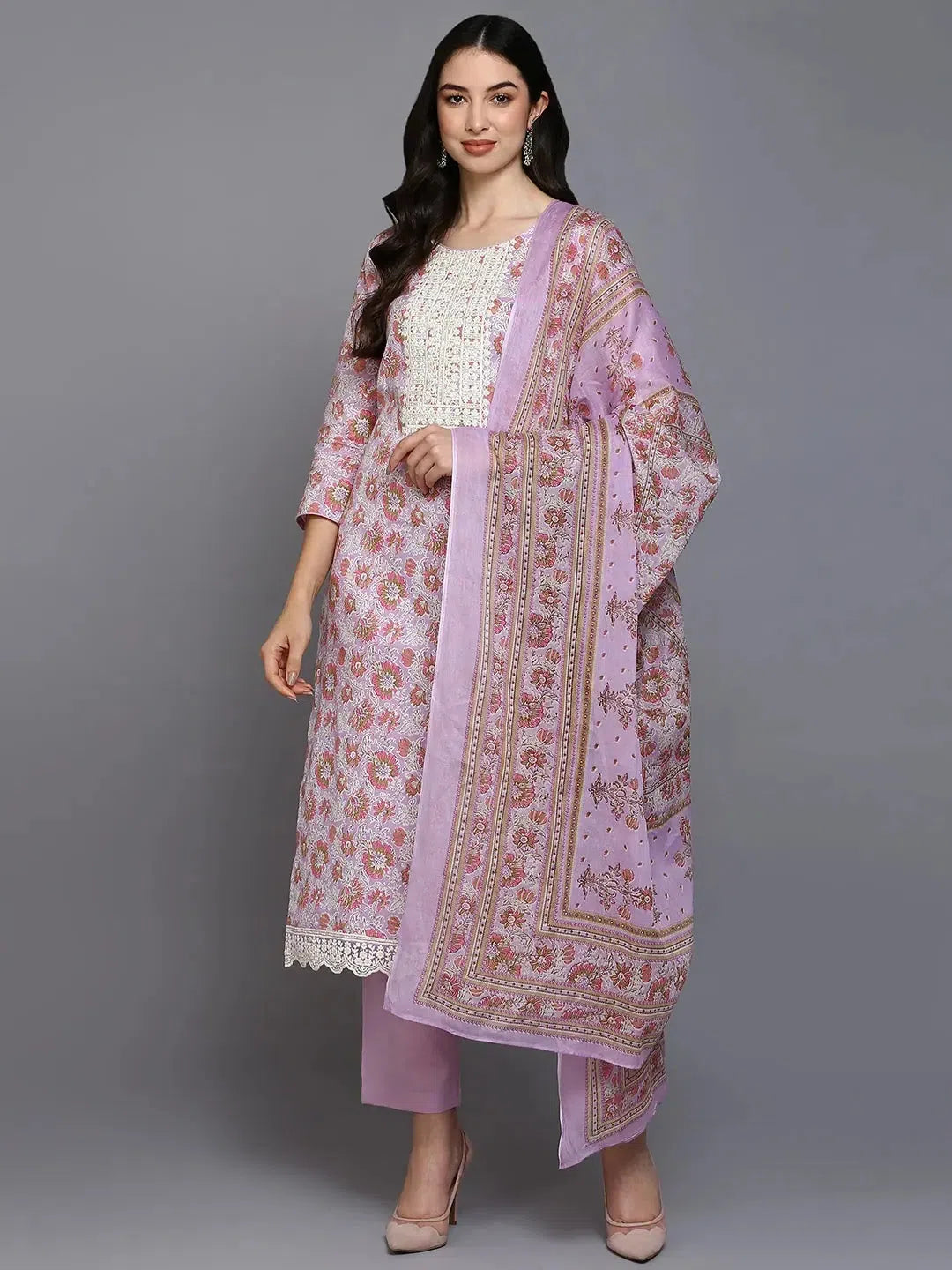 Ahika Women Lavender Cotton Blend Embroidered Straight Kurta Pant Set Comfortable Denim Pants