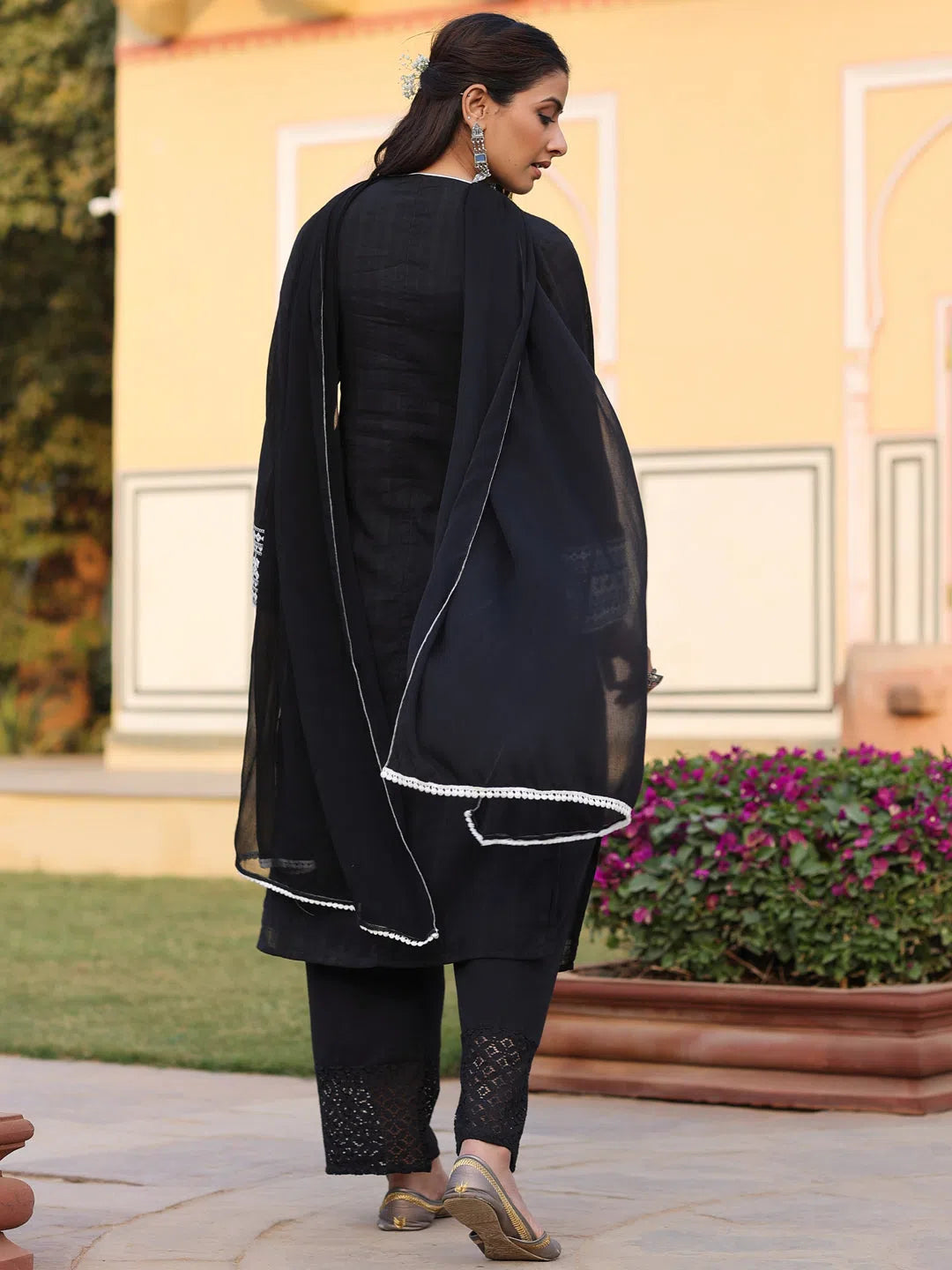 Juniper Women Black Cotton Dobby Embroidered Kurta, Pant & Dupatta Set.-3093BLACK-S Trendy Tapered Pants