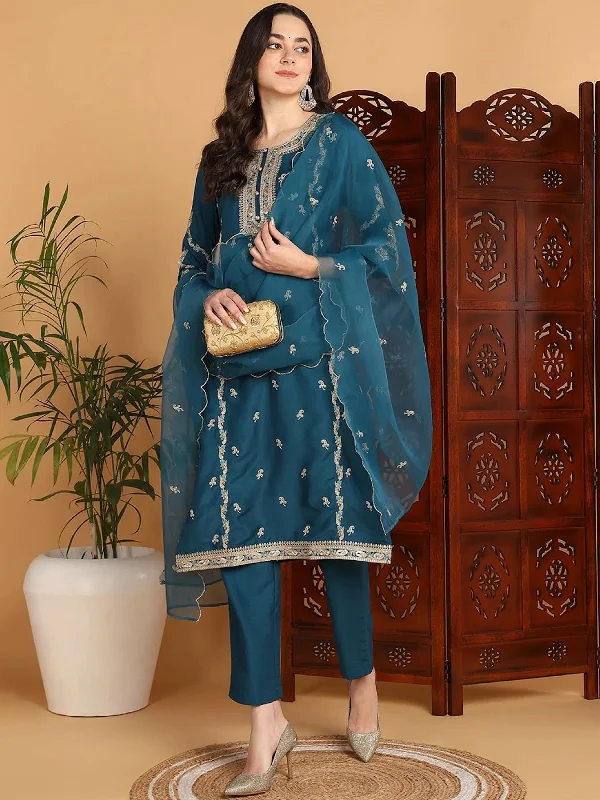 Ahika Women Teal Silk Blend Embroidered Straight Kurta Pant Set With Dupatta-PKSKD2198_S Trendy Printed Leggings