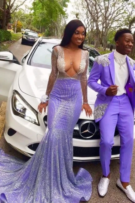 Elegant Long Purple V-Neck Long Long Sleeves Lace Prom Dresses