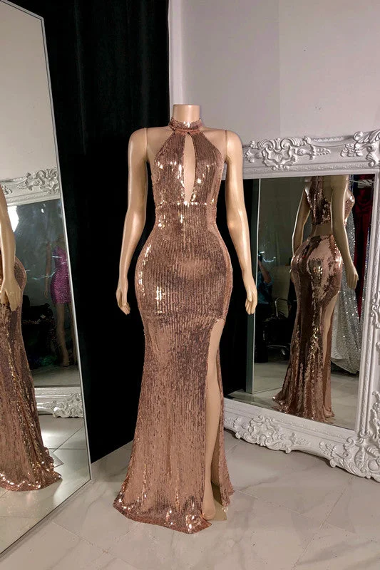 Beautiful Sleeveless High Neck Split Front Mermaid Prom Dress