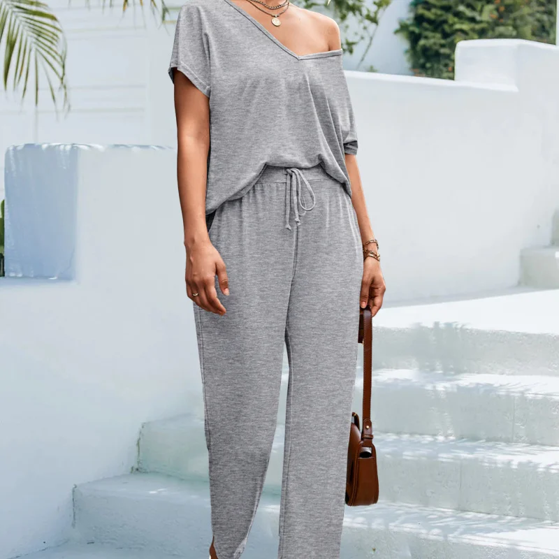 Summer Solid Color Casual V-Neck Short-Sleeved Sports Top And Pants 2pcs/Sets Sleek Black Pants