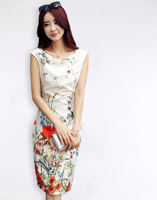 YuooMuoo Arrival Summer Women Dress Elegant Knee-length Office Dress Fashion Slim Floral Dress Women Party Dresses Tunics Chinos classic