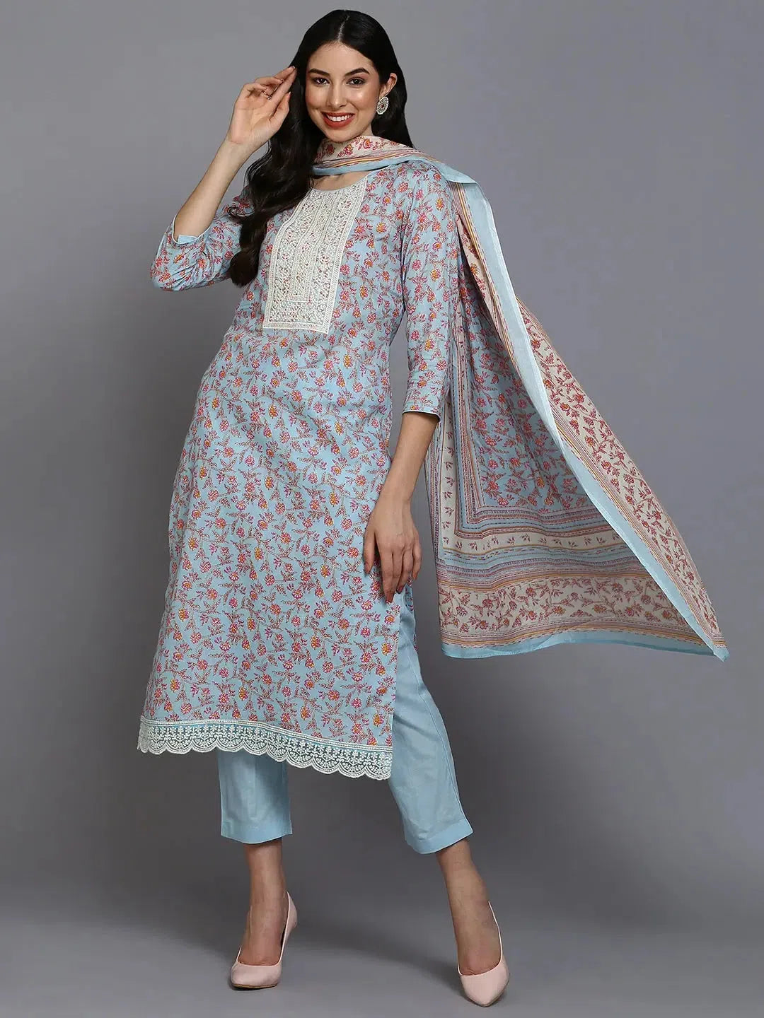 Ahika Women Blue Cotton Blend Embroidered Straight Kurta Pant Set-VKSKD1902_3XL Trendy Wide-Leg Pants