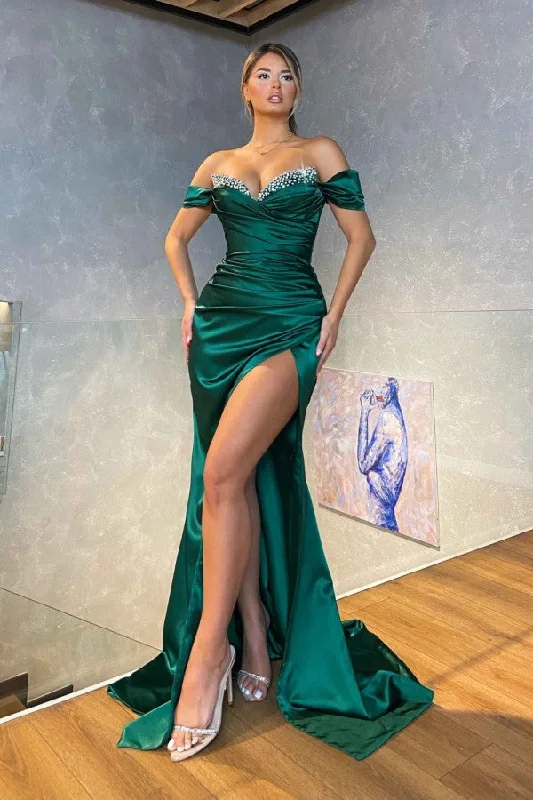 New Arrival High-split Off-the-shoulder Dark Green Sparkle beaded Mermaid Evening Prom Dresses