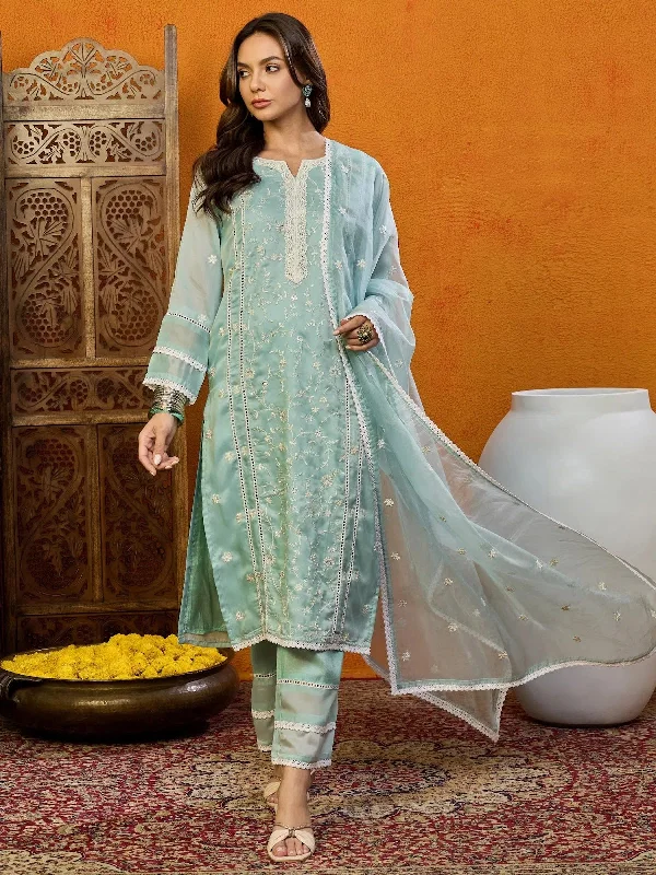Ahika Women Green Organza Embroidered Straight Kurta Pant Set With Dupatta-PKSKD2393_S Comfy Zip-Up Pants