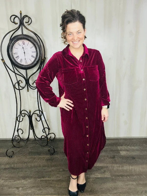Raspberry Crushed Velvet Button Front Dress Tunics Seasonal trendy