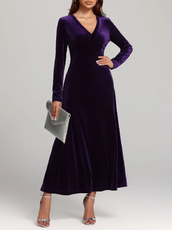 Hazel Blues® |  V-Neck Long Sleeve Velvet Dress Shift Classic Vintage