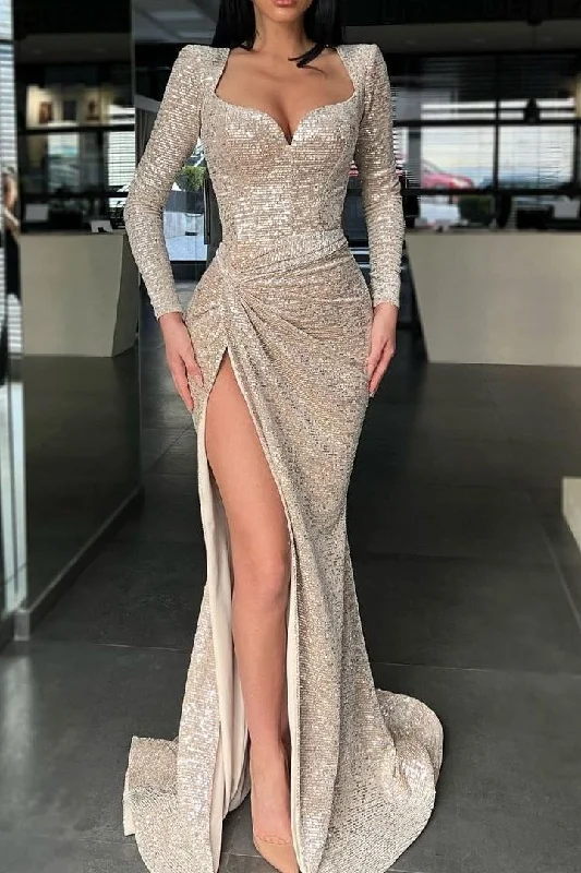Sparkle Long sleeves Sweetheart Sequin Mermaid High split Evening Prom Dresses