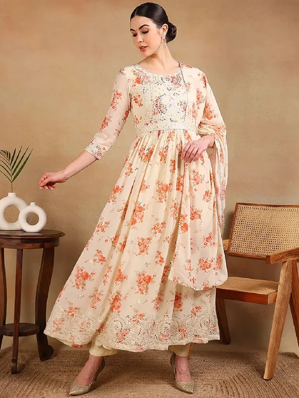 Ahika Women Off White Georgette Printed Anarkali Kurta Pant Set With Dupatta Comfortable Cargo Pants