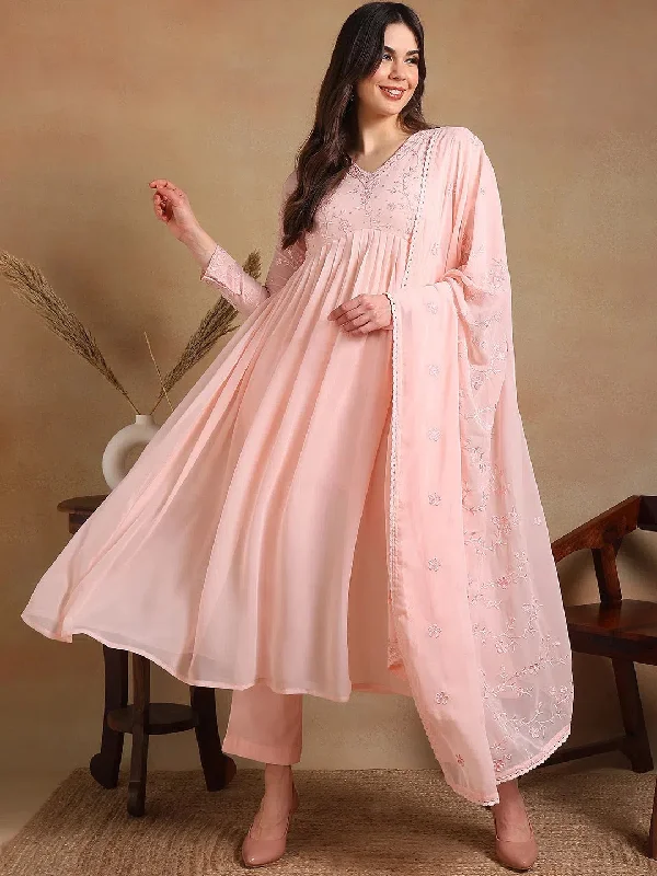 Ahika Women Pink Poly Georgette Embroidered A-Line Kurta Pant Set With Dupatta High-Waist Yoga Pants