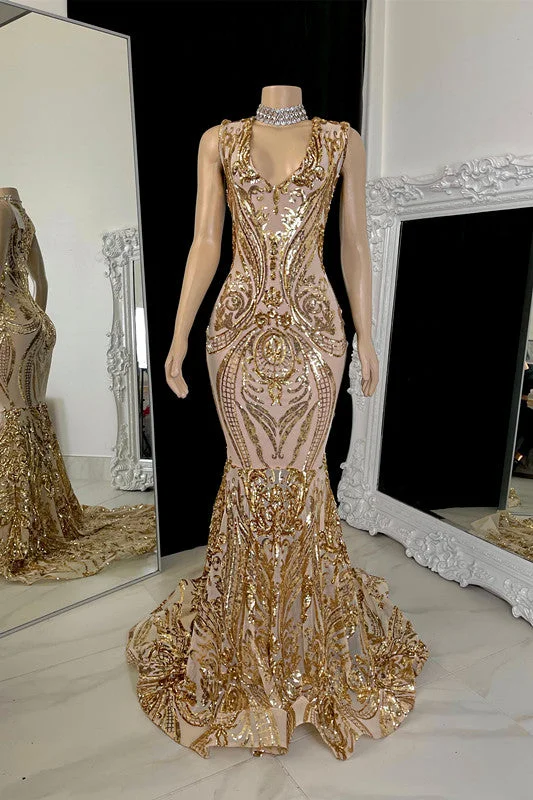 Charming Long V-neck Sleeveless Mermaid Prom Dress With Applique