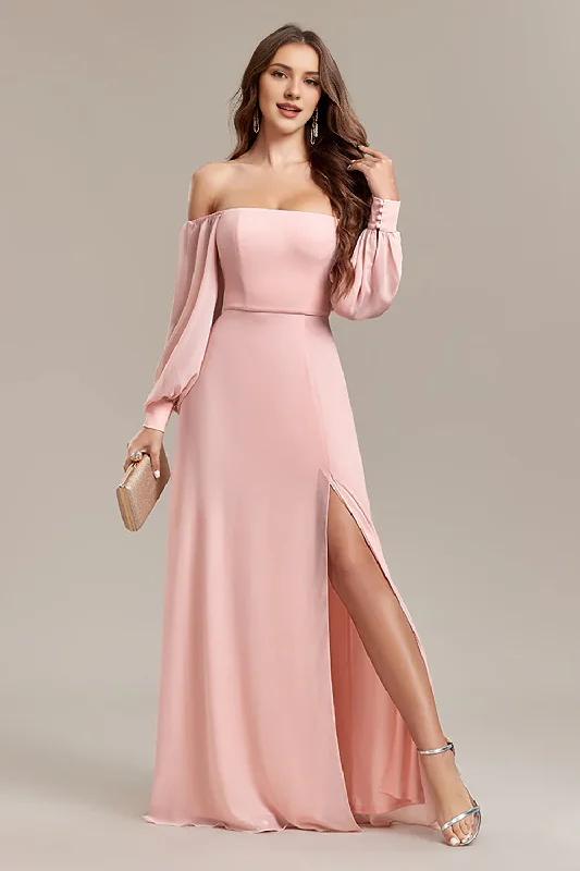 Pink A-line slit off shoulder long wedding guest dress