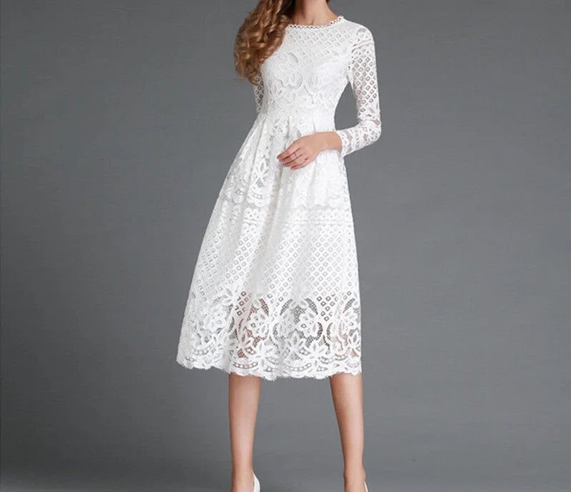 European Spring Women's Lace Hollow Out Long Dresses Bohemian Femme Casual Clothing Women Slim Party Dress Vestido Bodycon Fitted Nightout