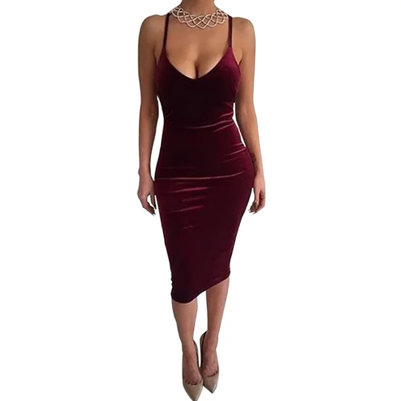 Autumn Dress Sleeveless Round neck Bodycon Sheath Velvet Women Summer Dress Halter Cross Backless Club Party Dresses Tunics Velvet soft