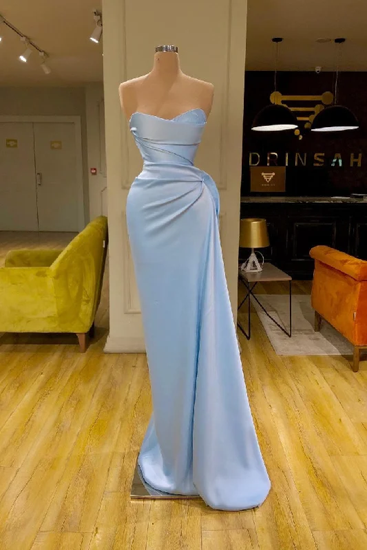 Unique Cross Sweetheart Light Blue Soft-pleated Long Evening Prom Dresses