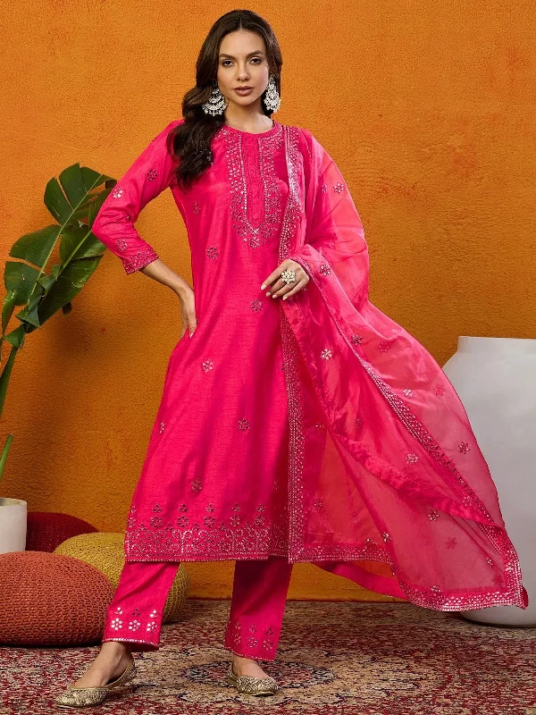 Ahika Women Blend Embroidered Straight Kurta Pant Set With Dupatta Chic Slim Fit Pants