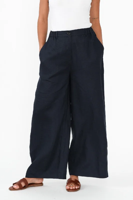 Delsey Navy Linen Wide Leg Pants Chic Wool Trousers