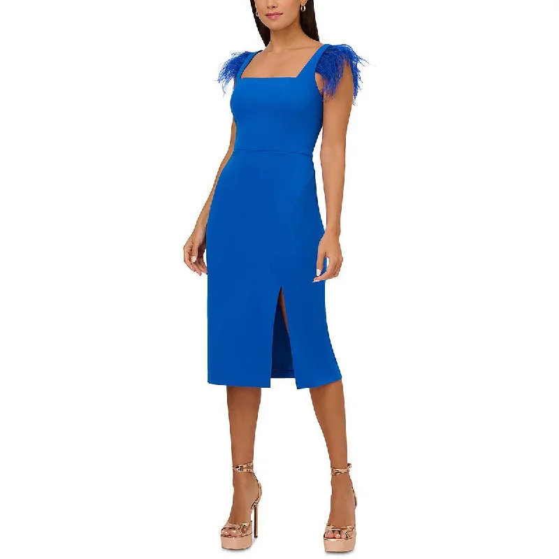 Womens Feather Trim Square Neck Cocktail And Party Dress Tunics Long Elegant