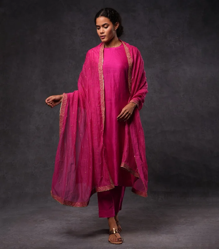Fuchsia Hand Embroidered Silk Straight Kurta Set with Pants & Dupatta Chic Black Leggings