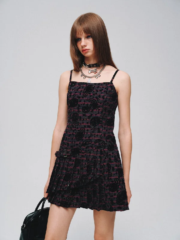 Classic Cashew Flower Flocking Pattern Plaid Suspender Dress LAP0032