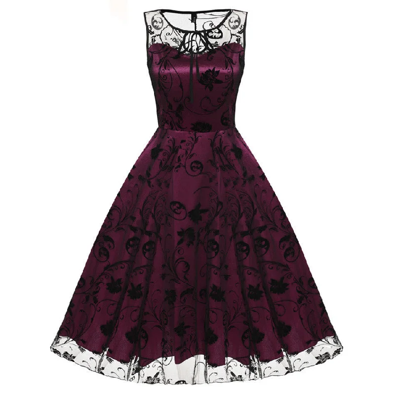 Retro Women Vintage Style Sleeveless Mesh Embroidery Long Cocktail Party Dress Flower Skull Ball Grown Tunics Trousers formal
