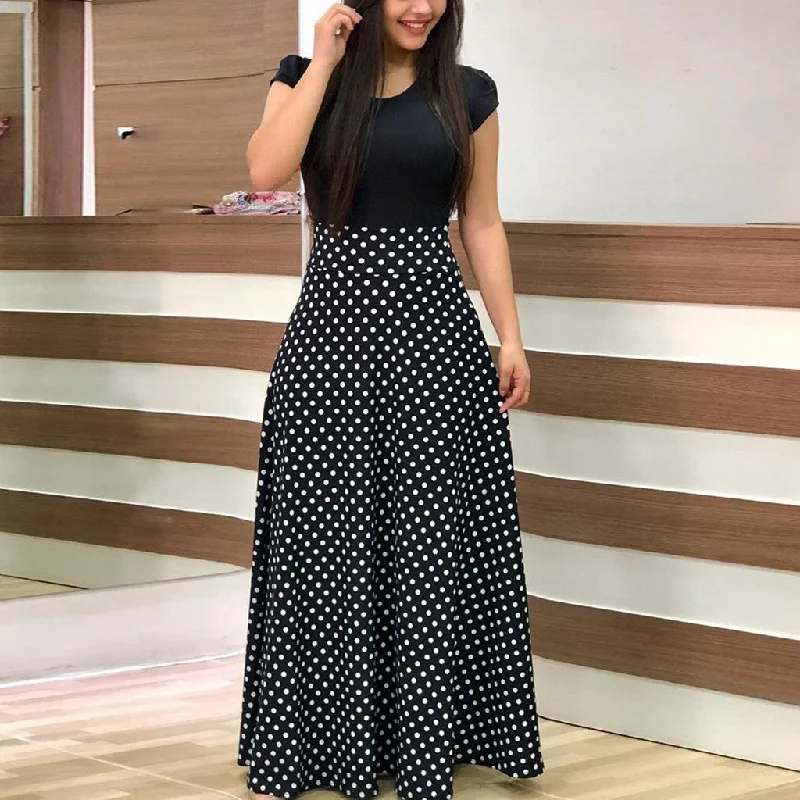 2019 Spring Summer New Women's Ladies Short Sleeve Colour Splicing Wave Point Cocktail Party Dress Soft Elegant Dress Tunics New arrival