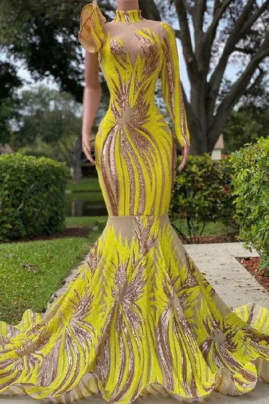 Charming Yellow High Neck Long Sleeve One Shoulder Mermaid Prom Dresses