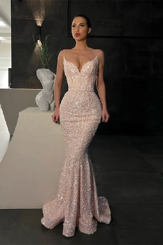 New Arrival Spaghetti-Straps Sequins Mermaid Evening Dress Long On Sale