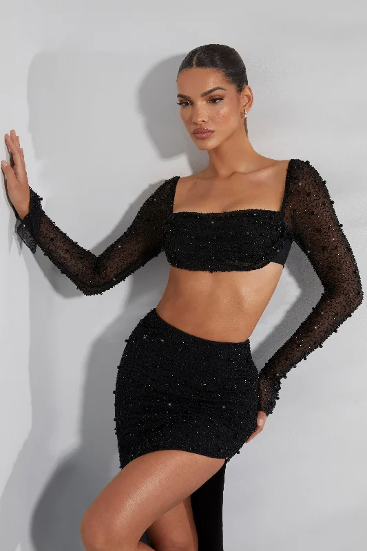 Embellished Cowl Neck Crop Top in Black Knit Fabric Woven Fabric Fleece Fabric