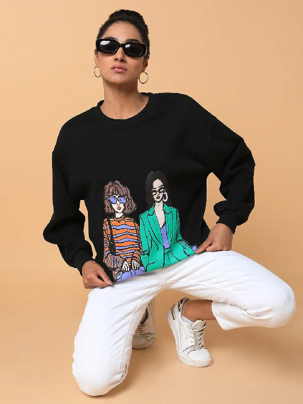 Women Graphic Black Oversized Pullover-6312-Black Fleece Warm Pullover