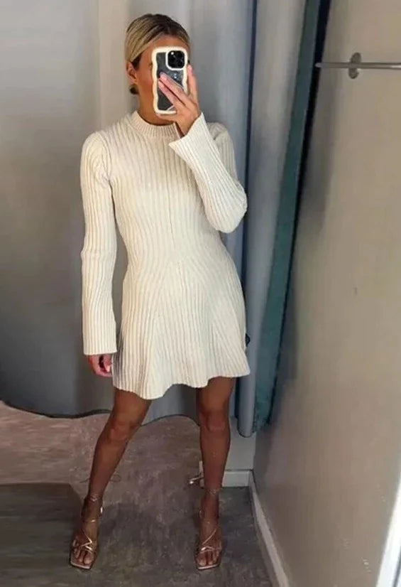 Womens Ribbed Knitted Sweater Dress Fashion O Neck Long Sleeve Midi Dresses 2025 Jersey Fabric Tulle Fabric Batik Fabric