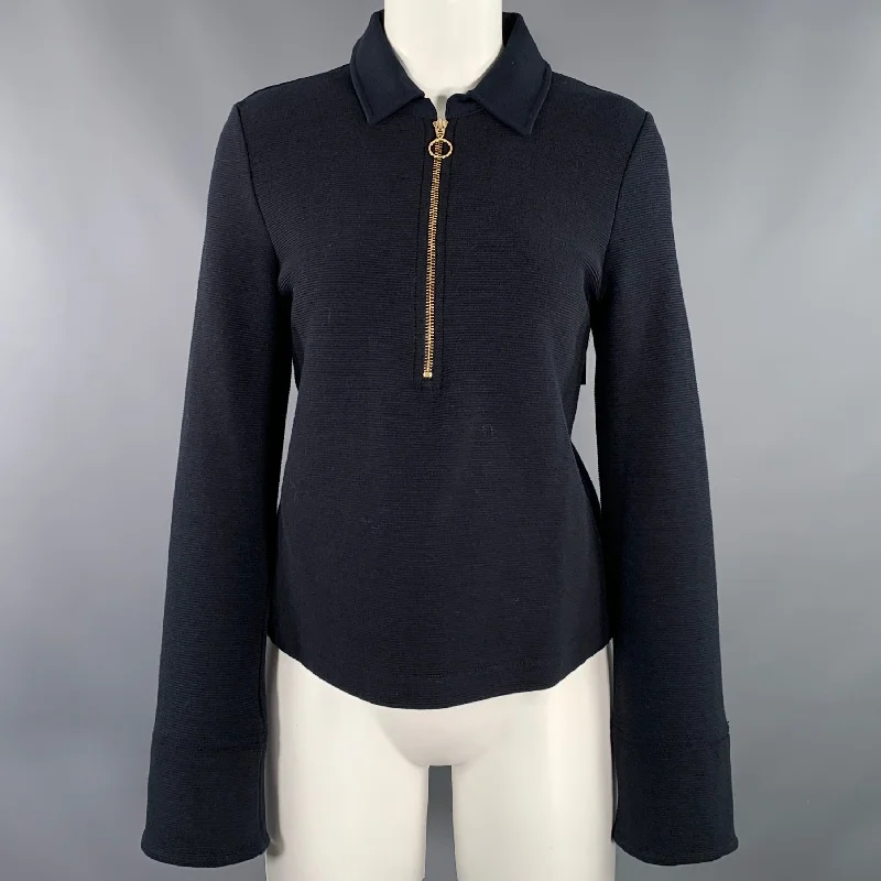 ME+EM SS22 Size 6 Navy Gold Cotton Blend Ribbed Half Placket Pullover Cowl Neck Pullover