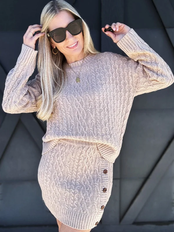 Cable Knit Sweater Skirt Set In Taupe Turtle Neck Boat Neck Asymmetrical Neck