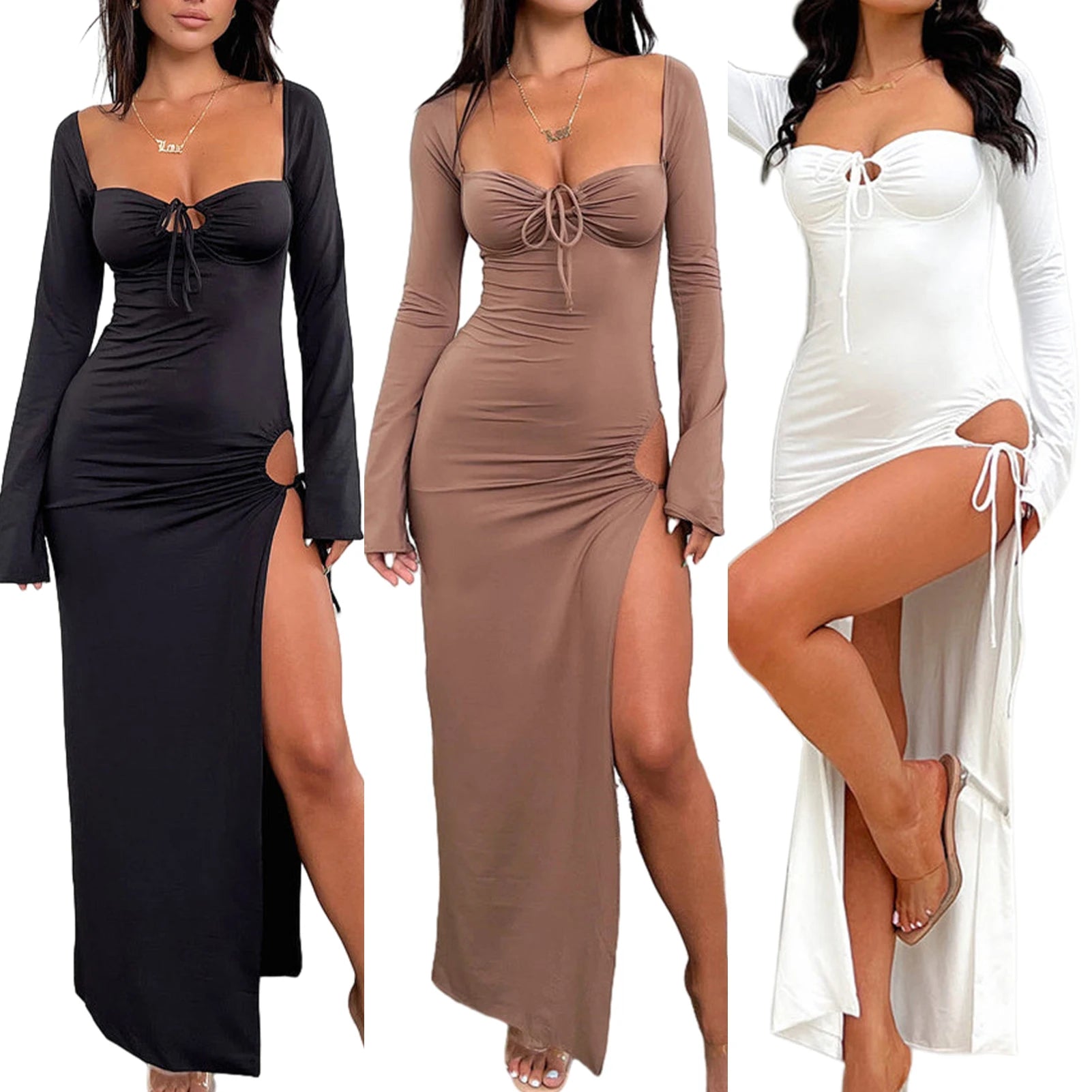 TAVIMART  -  Women Hollow Out Dress Slim Fit Sexy Bodycon Dress Pullover Skinny Pleated Dress Solid Color Club Party Dress Over Sleeve Pullover