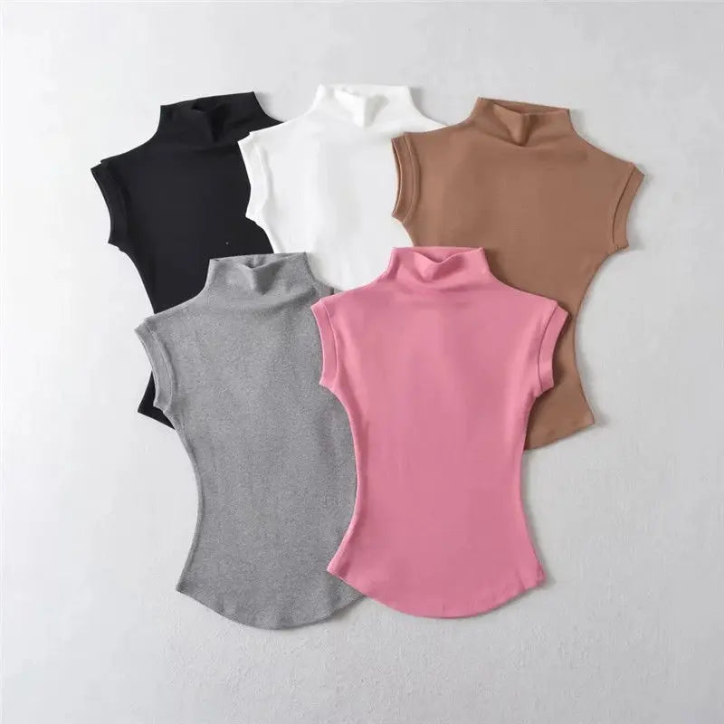 Women Summer Sexy Turtleneck Sleeveless T-Shirts Tops Solid Slim Fit Pullovers Causal Tees Shirts Female Streetwear Basics Tees Batwing Sleeve Top