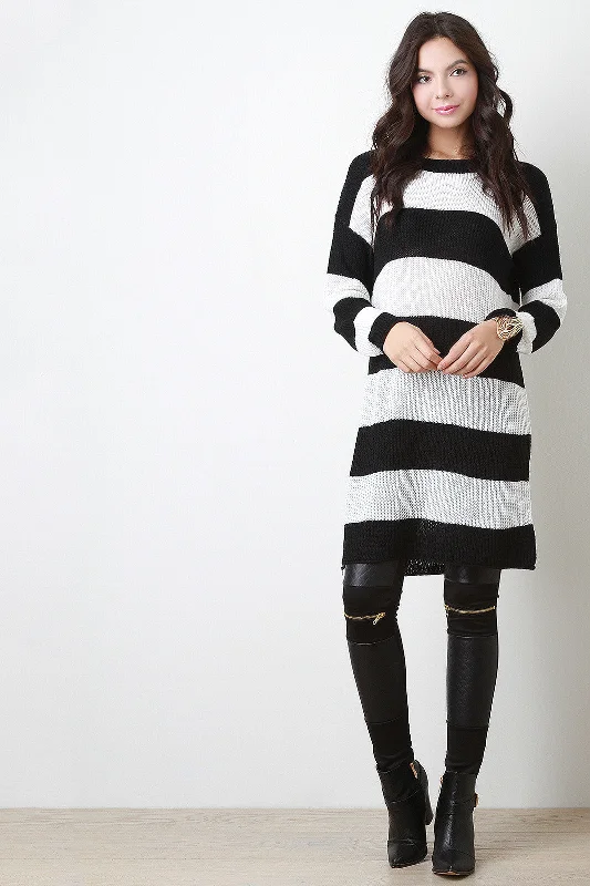 Two Tone Striped Knit Long Sleeves Sweater Dress Modern Contemporary Chic