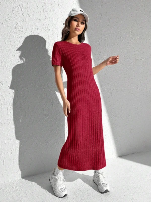 Blue Zone Planet |  Slit Round Neck Short Sleeve Sweater Dress Casual Formal Business