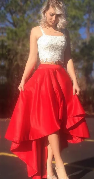 Lace Crop Top,satin Prom Dresses,elegant Prom Gowns,two Piece Prom Dress,high Low Dresses  cg4883 Embroidered Appliqued Beaded