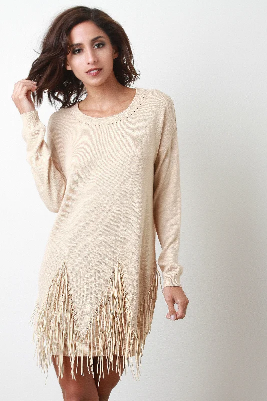 Suede Fringe Long Sleeves Sweater Dress Mesh Sweater Canvas Denim