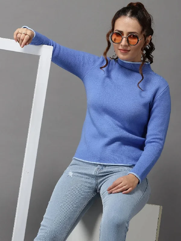 Women's Blue Solid Pullover Sweater-LH-S7081-Blue Oversized Cozy Pullover
