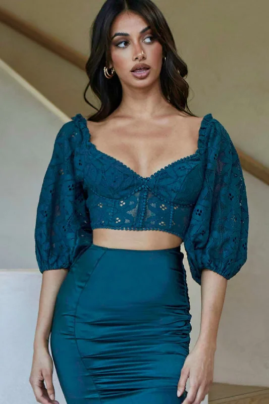 Talk About Me Puff Half Sleeve Circle Trim Crop Top Forest Green Chenille Fabric Brocade Fabric Lace Fabric
