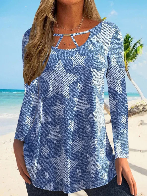 Women's Patchwork Loose Print Round Neck Pullover T-shirt Keyhole Neck Pullover
