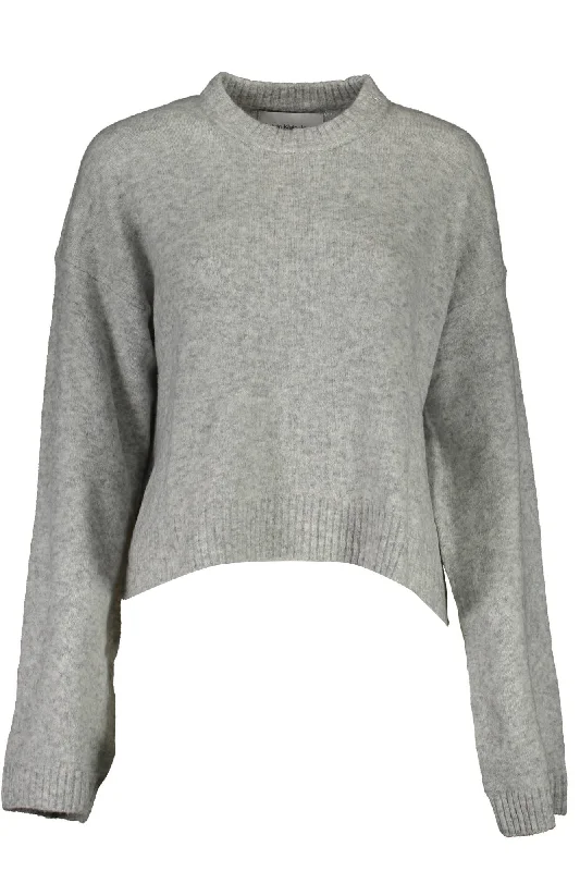 Gray Wool Women Sweater Elasticated Padded Insulated
