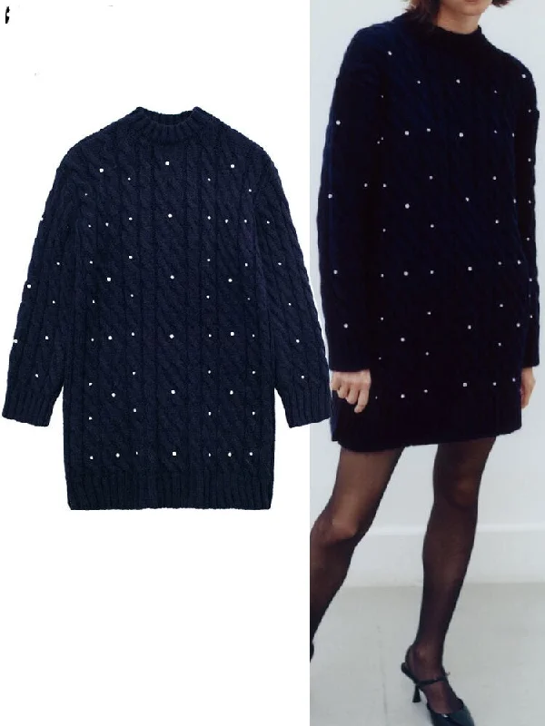 Knitted Long Sweater Women Navy Warm Woman Winter Sweater Rhinestone Slim Fit Regular Fit Oversized